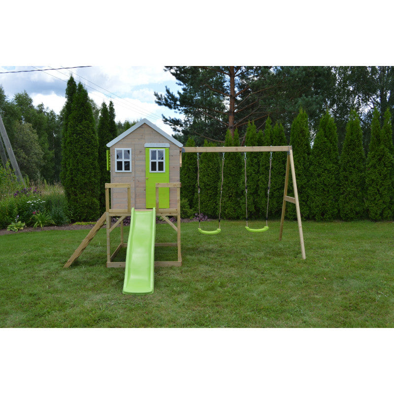 Casuta de gradina Lime Lodge cu platforma, tobogan si leagan dublu (M28L), Wendi Toys